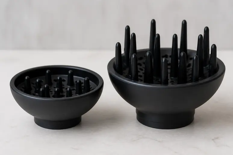 Deux embouts diffuseurs de sèche-cheveux : un petit à picots courts, un grand à picots longs.