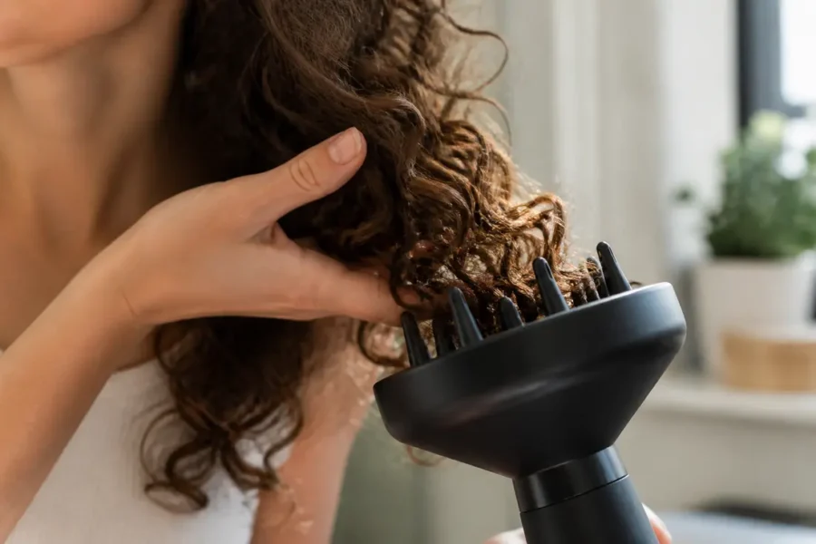 Une femme utilise un diffuseur pour cheveux bouclés afin de définir ses boucles sur cheveux mi-longs.