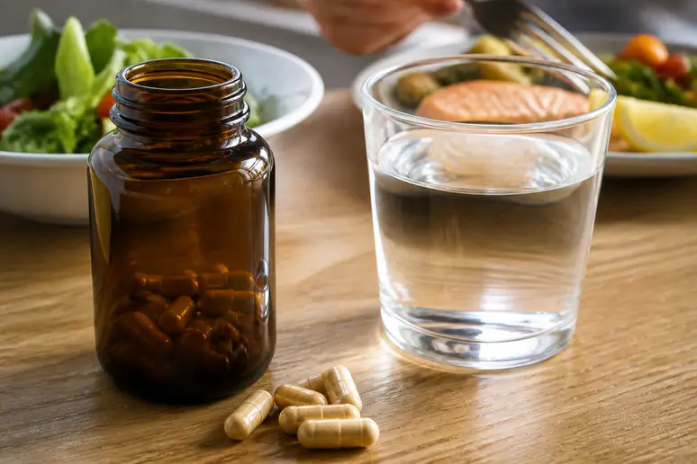 Gélules du complément capillaire et verre d'eau posés sur une table en bois lors d'un repas.