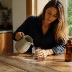 Une femme verse un verre d'eau près d'un flacon de Hygée La Chevelure effets secondaires sur une table en bois.