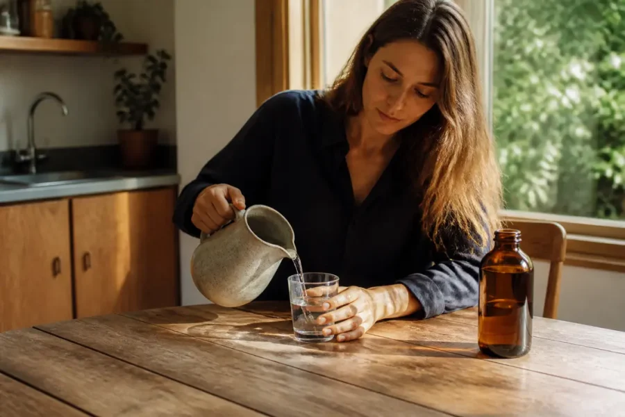 Une femme verse un verre d'eau près d'un flacon de Hygée La Chevelure effets secondaires sur une table en bois.