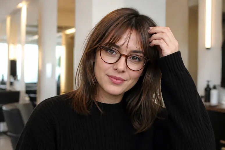 Visuel montrant comment adapter la frange rideau à la forme du visage avec des lunettes.