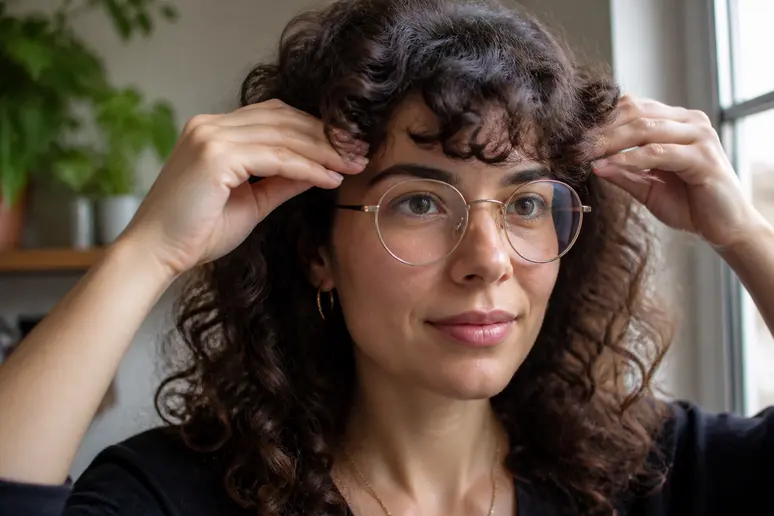 Exemple de frange rideau sur cheveux bouclés, ajustée pour porter des lunettes.