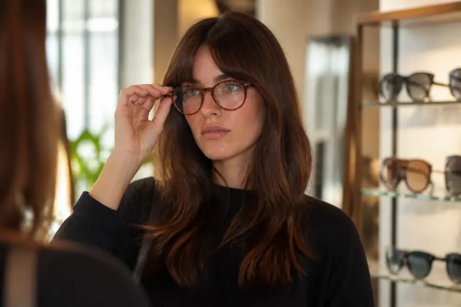 Jeune femme avec frange rideau essayant différentes paires de lunettes, une monture à la fois.