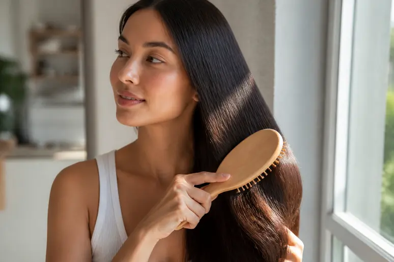 Cheveux sublimés par un soin capillaire, reflétant une brillance intense et une santé retrouvée.