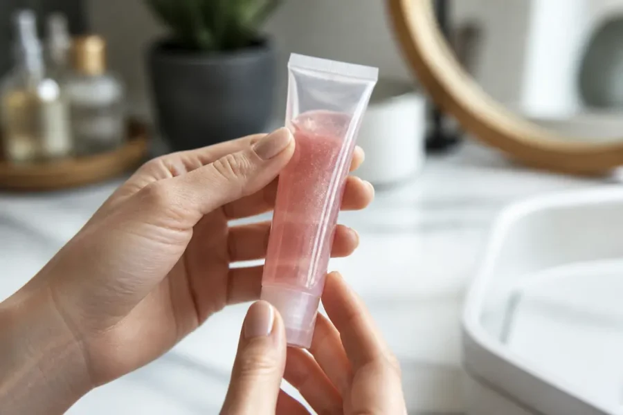 Mains tenant un gloss cheveux transparent, produit de soin capillaire en gros plan.