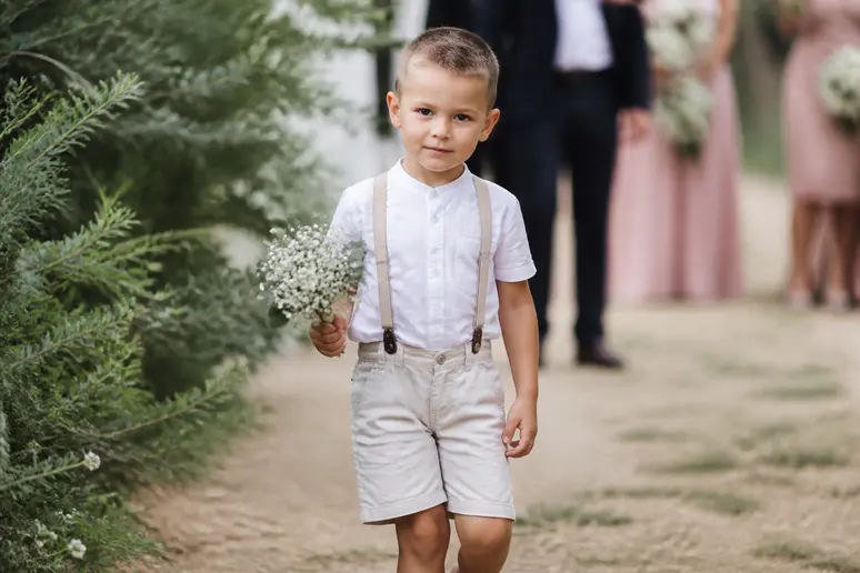 Jeune garçon portant un bermuda en lin et des bretelles pour une tenue de mariage champêtre