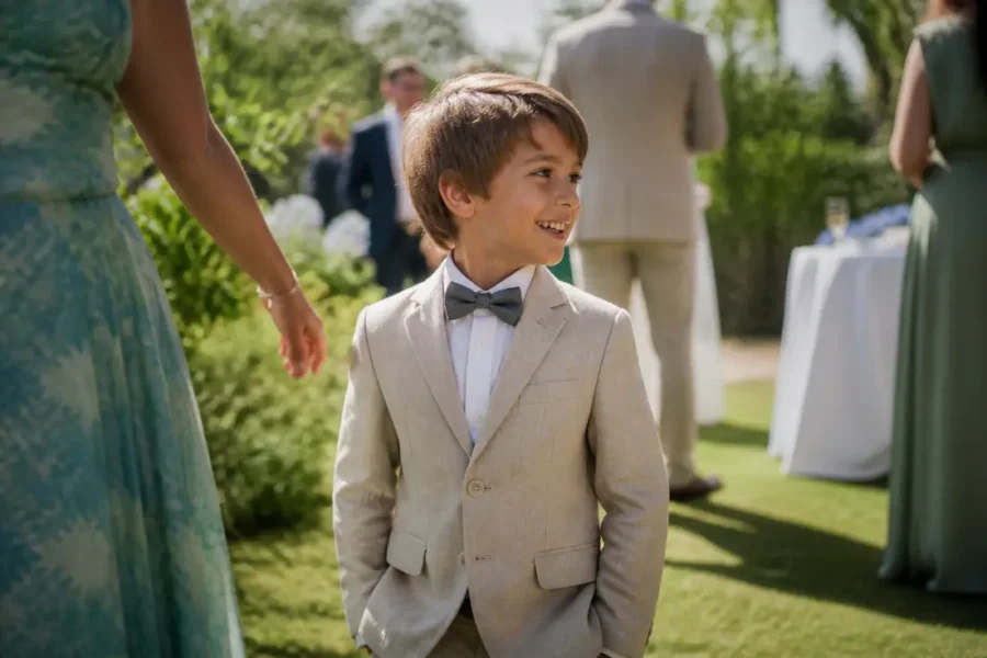 Un jeune garçon élégant en costume clair lors d'un mariage en plein air pour habiller garçon cérémonie mariage.