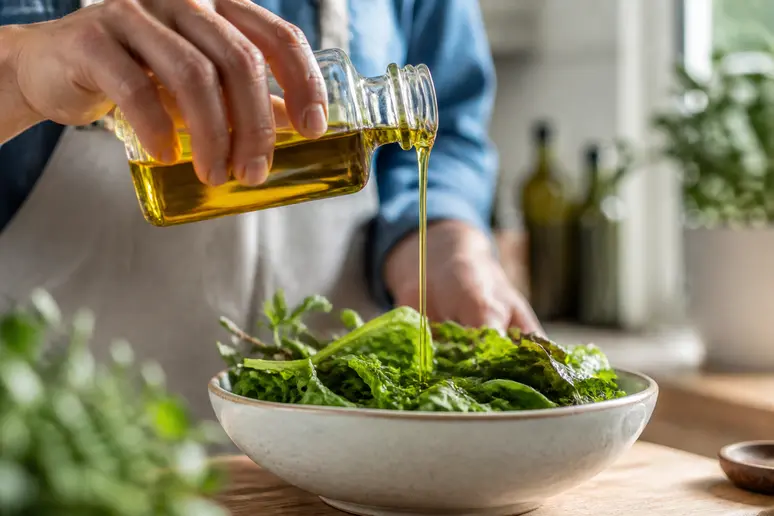 Versement d'huile de colza vierge sur une salade fraîche pour préserver les bienfaits des oméga-3