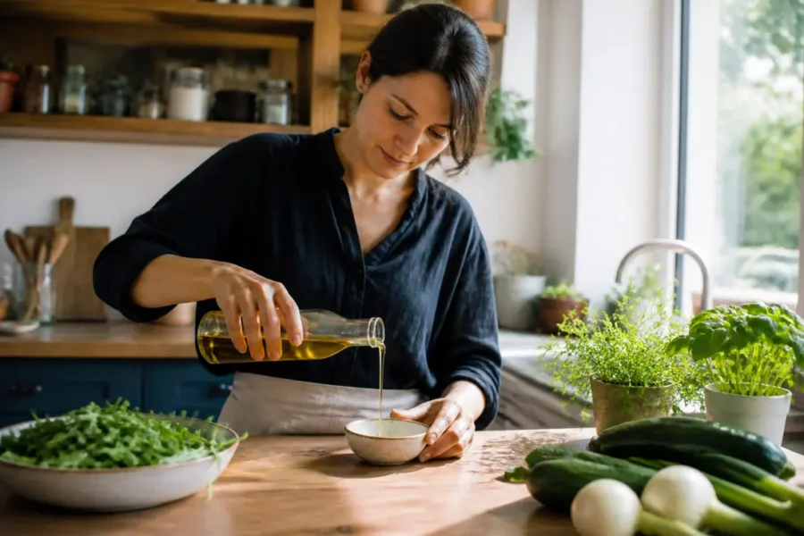 Un flacon d'huile de colza bienfaits cœur posé dans une cuisine lumineuse lors d'une préparation culinaire.