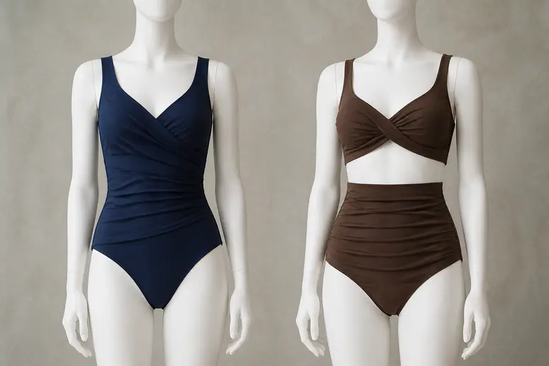 Comparaison visuelle entre un maillot une pièce allongeant et un deux pièces taille haute sculptant.