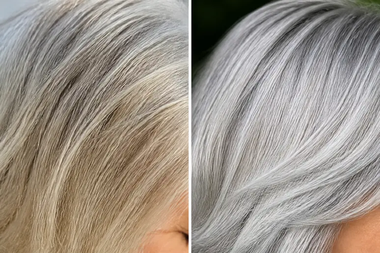 Comparaison visuelle de cheveux gris : d'un côté, teinte légèrement jaunie, de l'autre, reflets argentés et lumineux.
