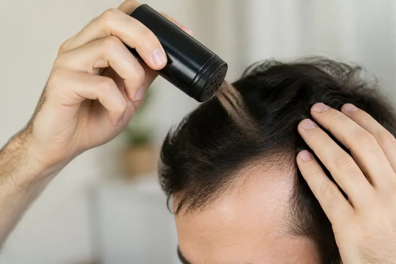 Application de la poudre capillaire Namilka sur les cheveux clairsemés pour densifier la chevelure.