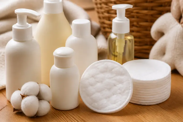 Flacons de soins biologiques et lingettes en coton disposés sur une surface en bois clair
