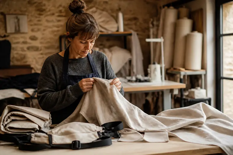 Artisan couturier vérifiant un tissu en coton biologique dans un atelier de fabrication française