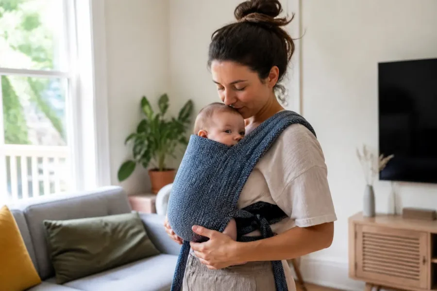 Parent portant un bébé dans un porte-bébé en tissu, idéal pour comprendre Néobulle pourquoi choisir au quotidien.