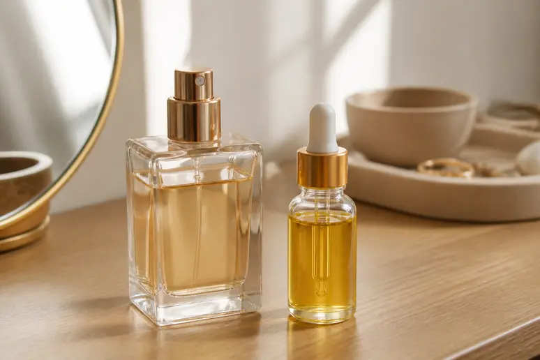 Flacon de parfum spray et flacon d'huile parfumée posés sur une coiffeuse en bois