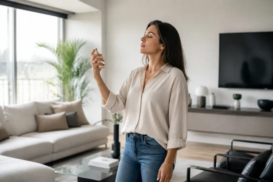 Un parfum pheromone femme efficace posé sur une coiffeuse élégante dans un intérieur lumineux
