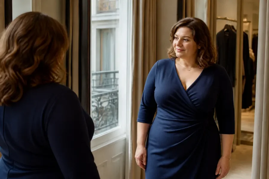 Robe amincissante femme ronde : une cliente essaie une tenue élégante en boutique.