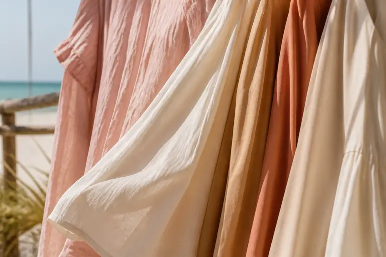 Textures de voiles de coton légèrement froissés et de viscose fluide, sur un portant de vêtements.