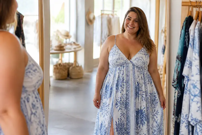 Femme taille plus essayant une robe de plage longue et évasée, souriante en boutique.
