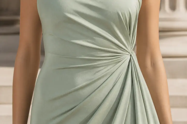 Un drapé de tissu sur une robe dissimule discrètement la zone du ventre pour une silhouette harmonieuse.