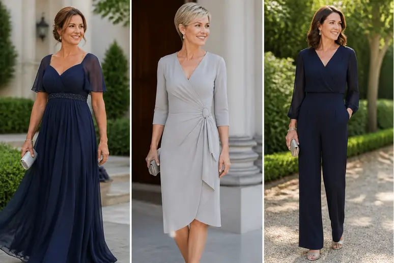 Trois types de tenues élégantes : robe fluide, robe cintrée et combinaison pantalon, illustrant des styles modernes et chics.