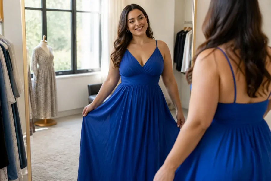Robe morphologie A : femme essayant une robe empire bleue valorisant sa silhouette en boutique.