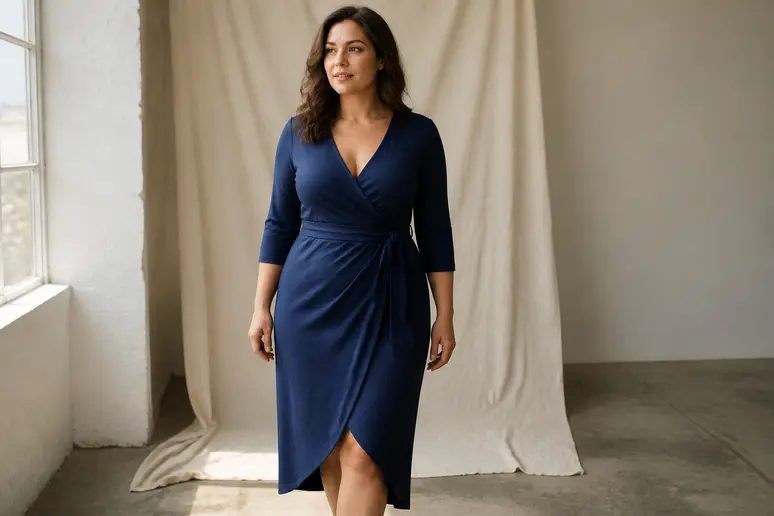 Une femme portant une robe portefeuille dont le drapé crée une illusion de taille marquée.
