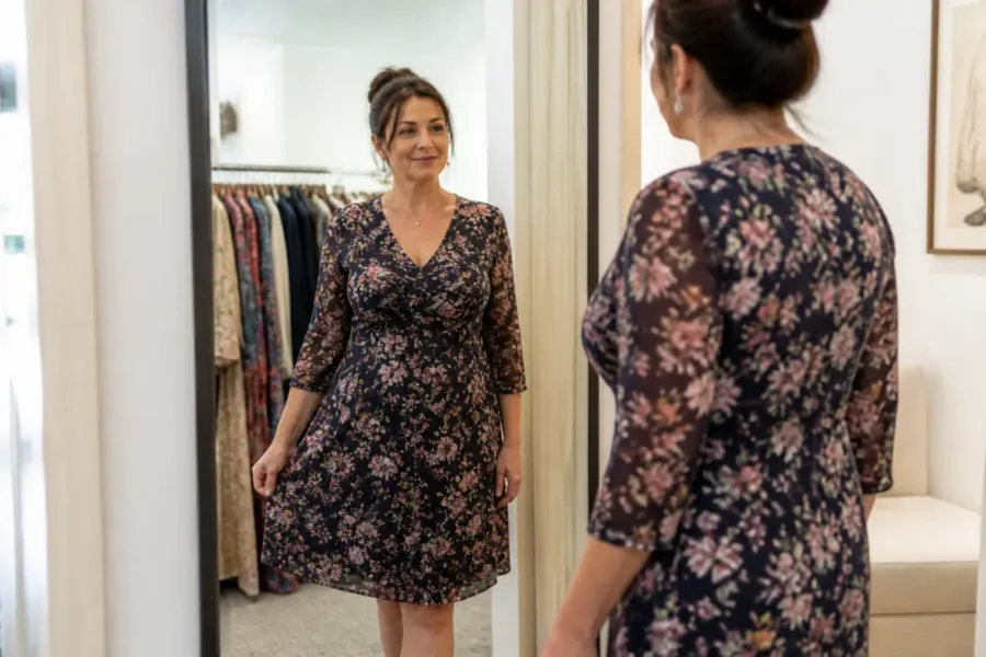 Femme choisissant une robe morphologie O élégante en cabine d'essayage de boutique de mode.