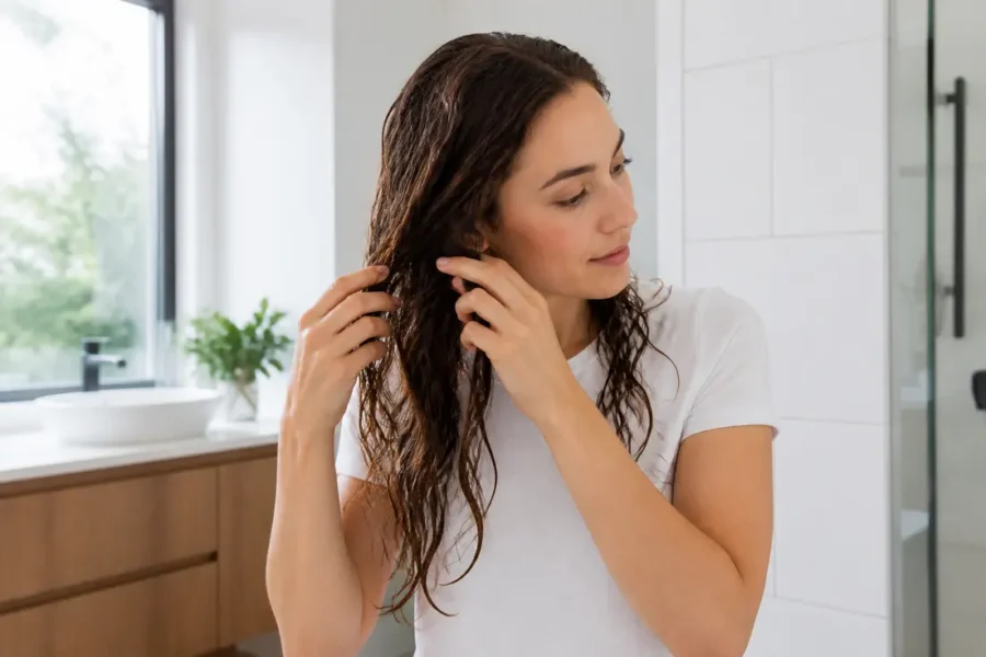 Femme appliquant un soin léger pour sa routine cheveux ondulés, dans une salle de bain moderne.