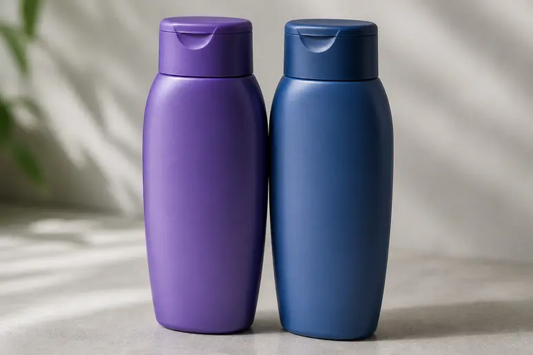 Bouteilles de shampoing violet et bleu côte à côte pour distinguer leur usage.