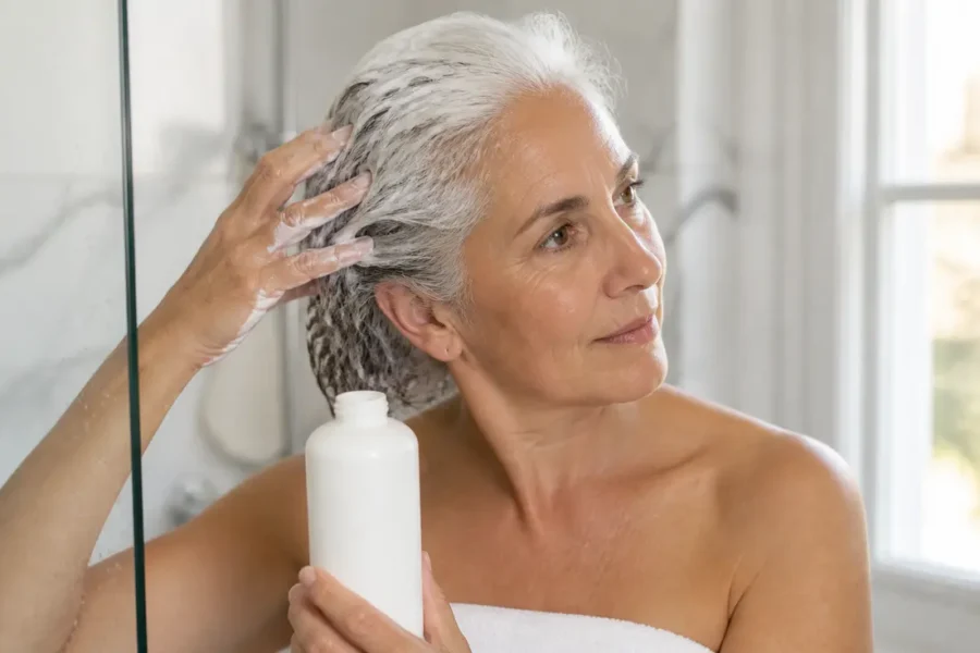Femme appliquant un soin cheveux blancs hydratant, geste doux au quotidien.