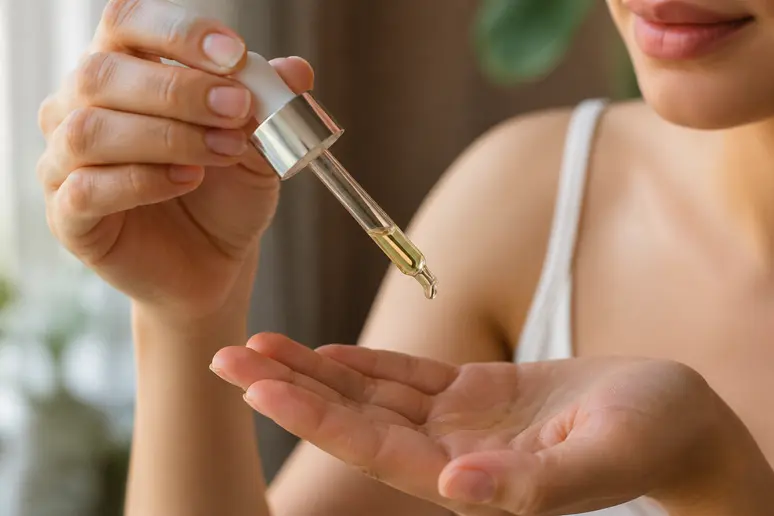 Application de l'huile Soraali en massant délicatement le visage avec les mains