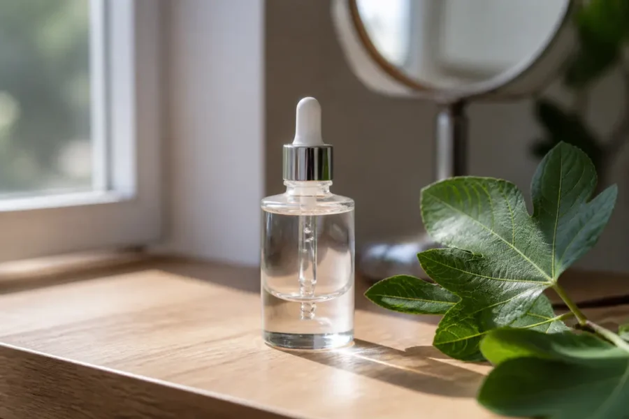 flacon d'huile cosmétique posé sur un meuble en bois avec soraali avis composition efficacité