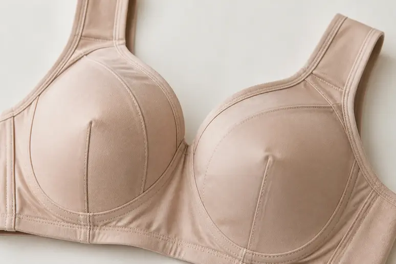 Gros plan sur les bonnets hauts et les bretelles larges d'un soutien-gorge minimiseur.