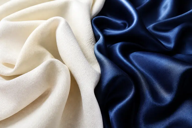 Comparaison de textures : un crêpe fluide et un satin lumineux pour tailleurs de mariage.
