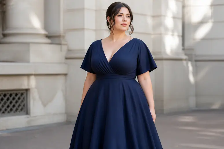 Femme aux hanches généreuses portant une robe évasée qui attire le regard vers le haut du corps.