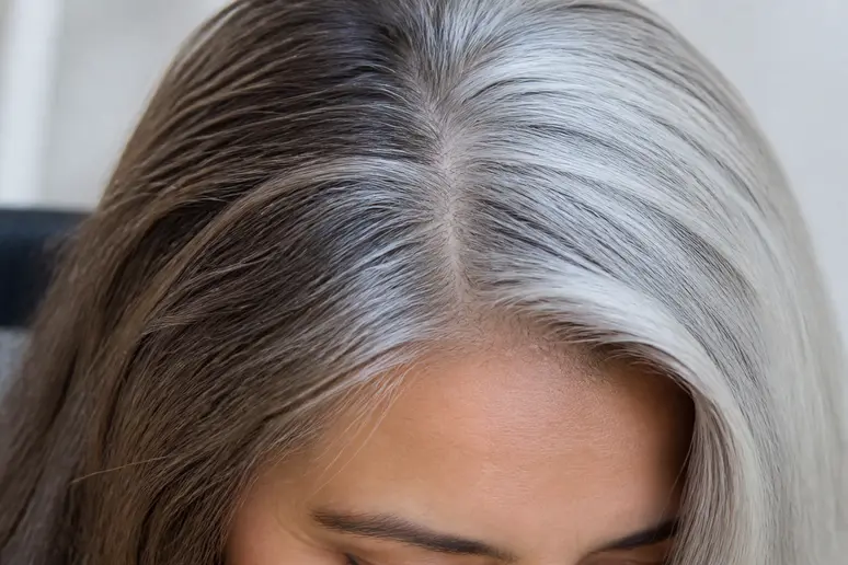 Visualisation des différentes étapes de la repousse des cheveux gris, montrant la démarcation.