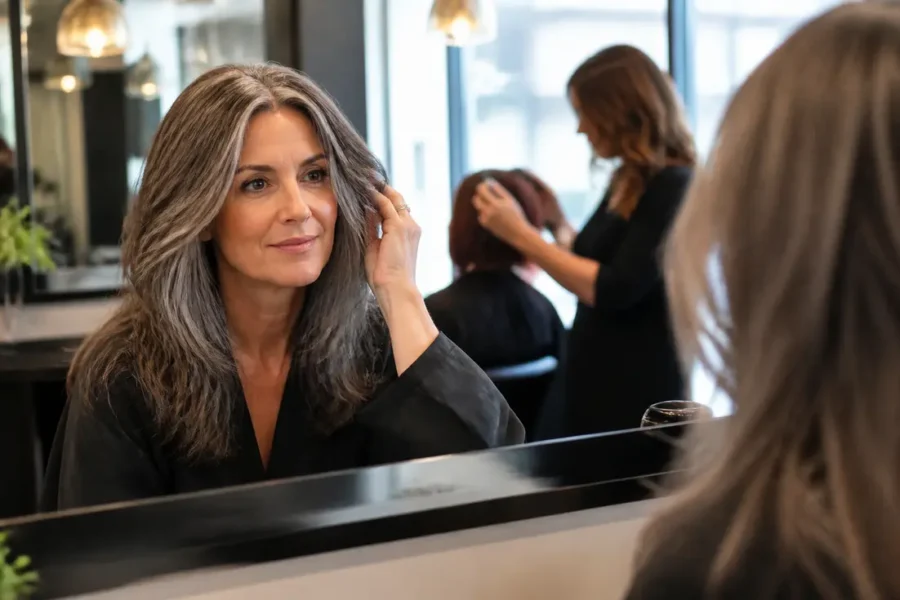 Transition cheveux gris réussie d'une femme élégante dans un salon de coiffure moderne.