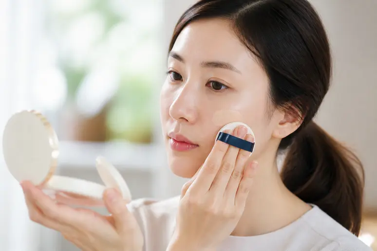 Application de la CC crème Sanelya Ulyxa avec le boîtier cushion sur la peau