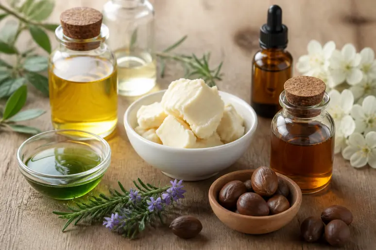 Ingrédients naturels et actifs de la CC crème Sanelya Ulyxa sur une table en bois