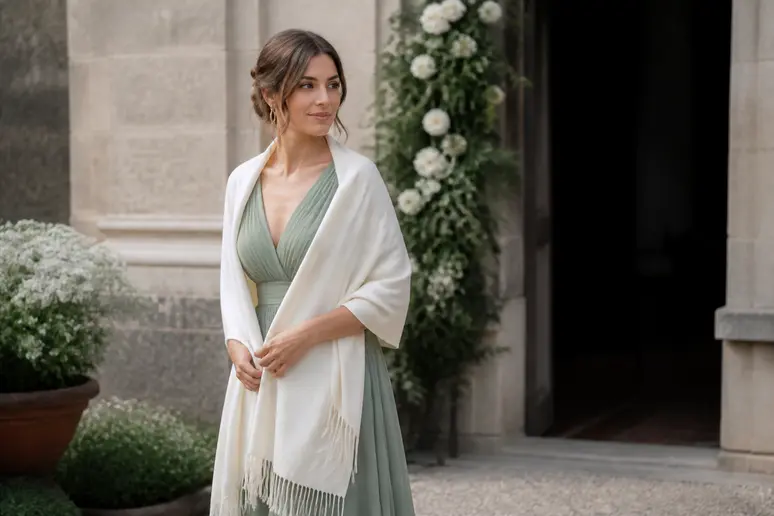 Femme élégante tenant un châle, évoquant le choix vestimentaire pour une cérémonie religieuse.