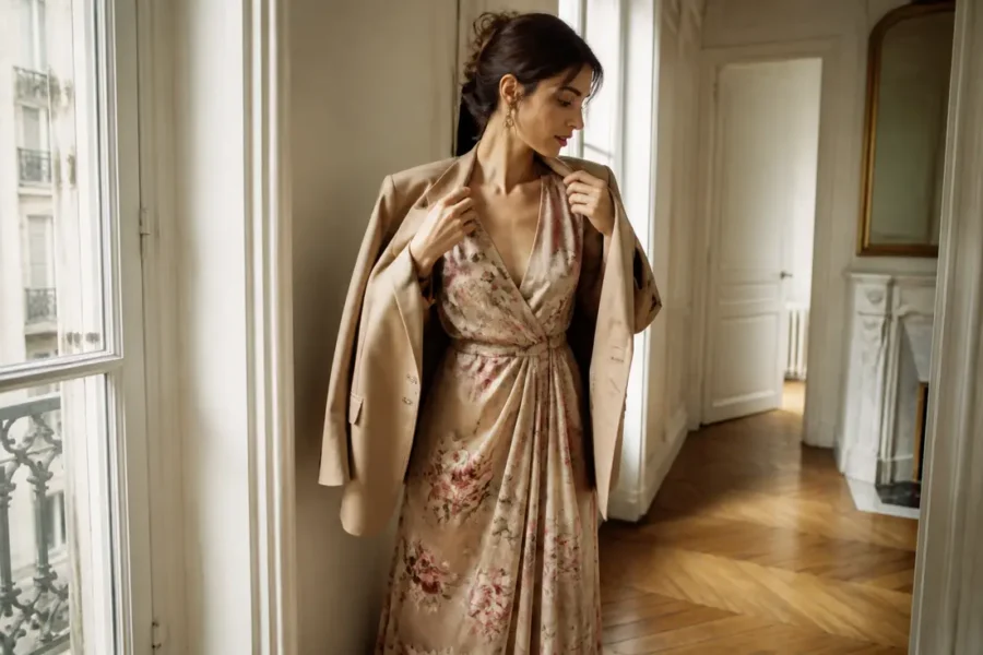 Une femme ajuste une veste blazer avec sa robe longue de mariage dans un appartement lumineux.
