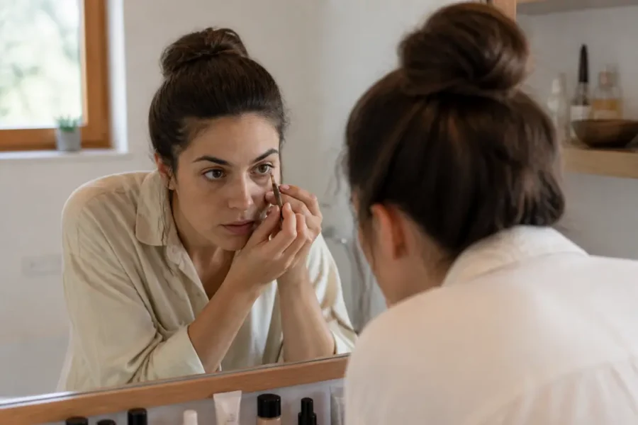 Femme appliquant un crayon nude pour agrandir regard maquillage devant un miroir lumineux