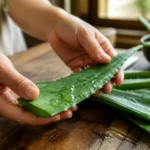 feuille d'aloe vera bienfaits peau sur un plan de travail en bois