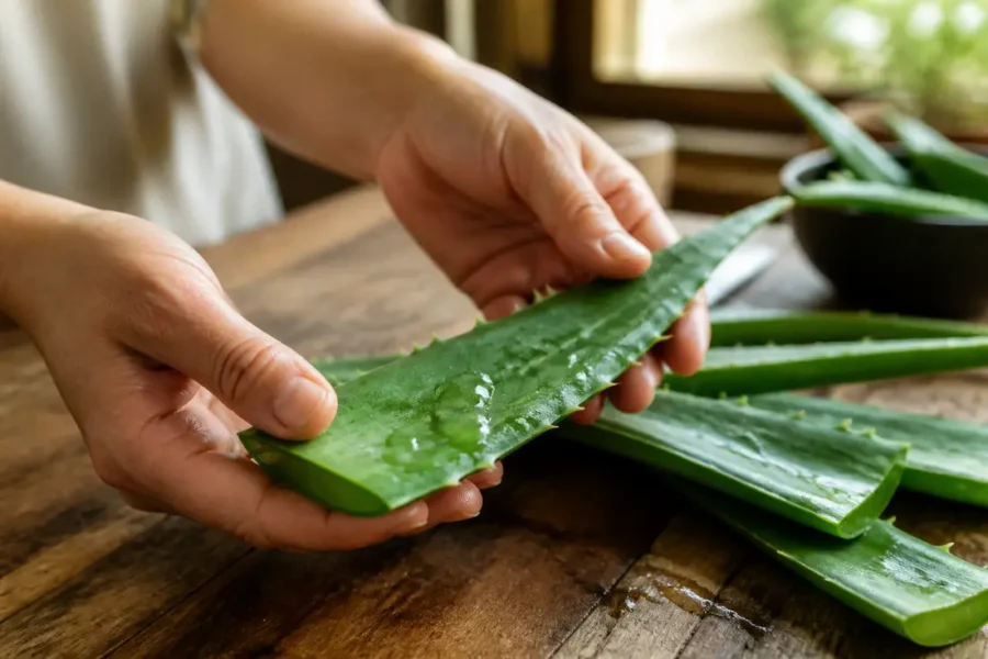 feuille d'aloe vera bienfaits peau sur un plan de travail en bois
