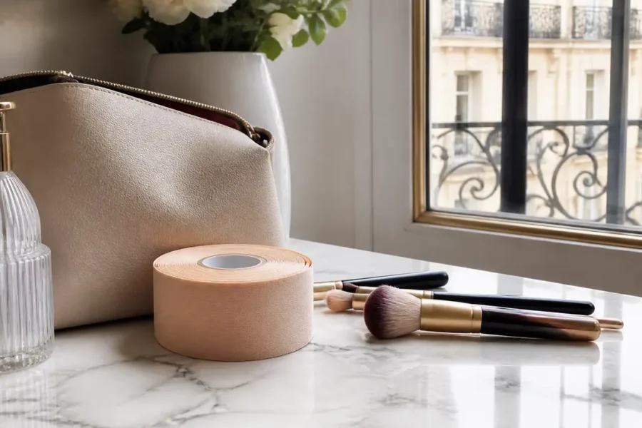 Rouleau de ruban adhésif cosmétique et pinceaux de maquillage posés sur une table pour apprendre comment poser body tape.