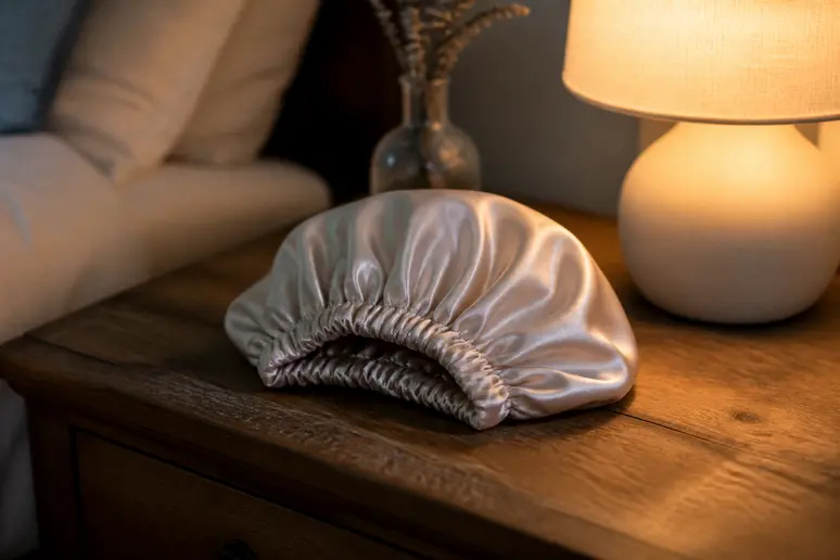 Bonnet de nuit protecteur en soie naturelle posé sur une table de chevet