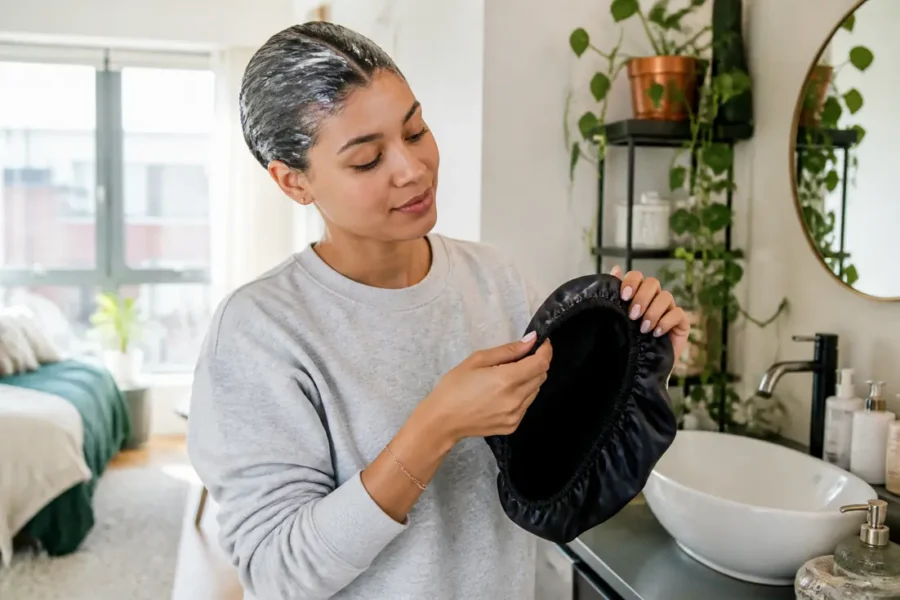Une femme dans un intérieur lumineux tient un bonnet de soin capillaire pour sa routine beauté.